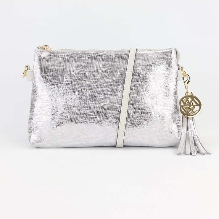 Silver suede clutch online bag