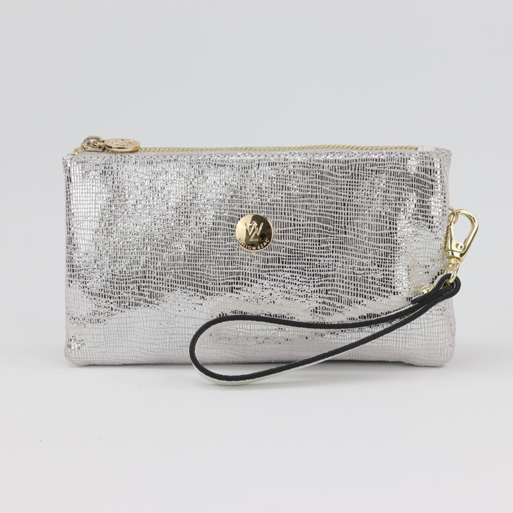 Silver suede clutch discount bag